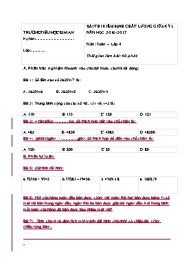 Đề kiểm định chất lượng giữa học kì I Toán lớp 4 - Năm học 2016-2017 - Trường Tiểu học Kim An